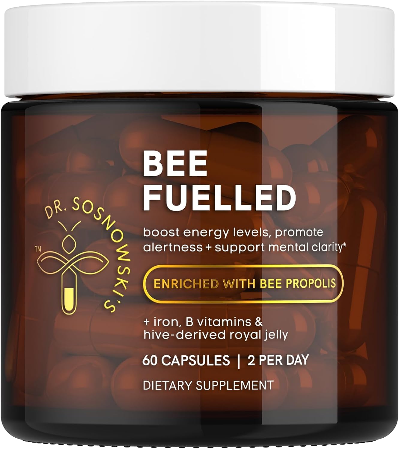 Dr Sosnowski's Bee Fuelled: bouteille et étiquette, énergie durable et clarté mentale possibles.