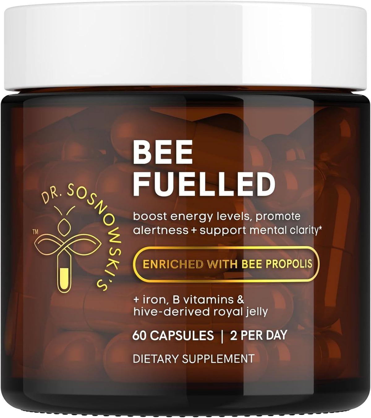 Dr Sosnowski's Bee Fuelled: bouteille et étiquette, énergie durable et clarté mentale possibles.