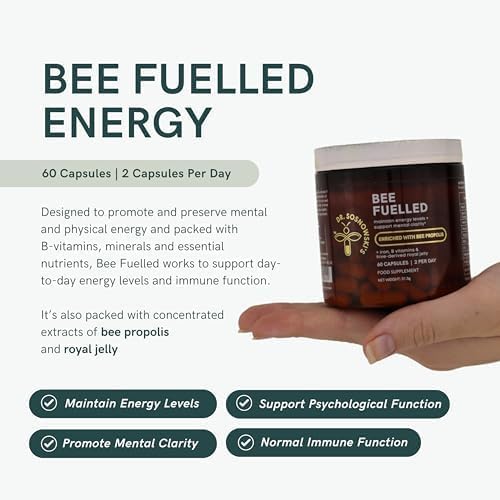 Capsules végétales Bee Fuelled sur fond clair, soutiennent l'énergie quotidienne et la concentration.