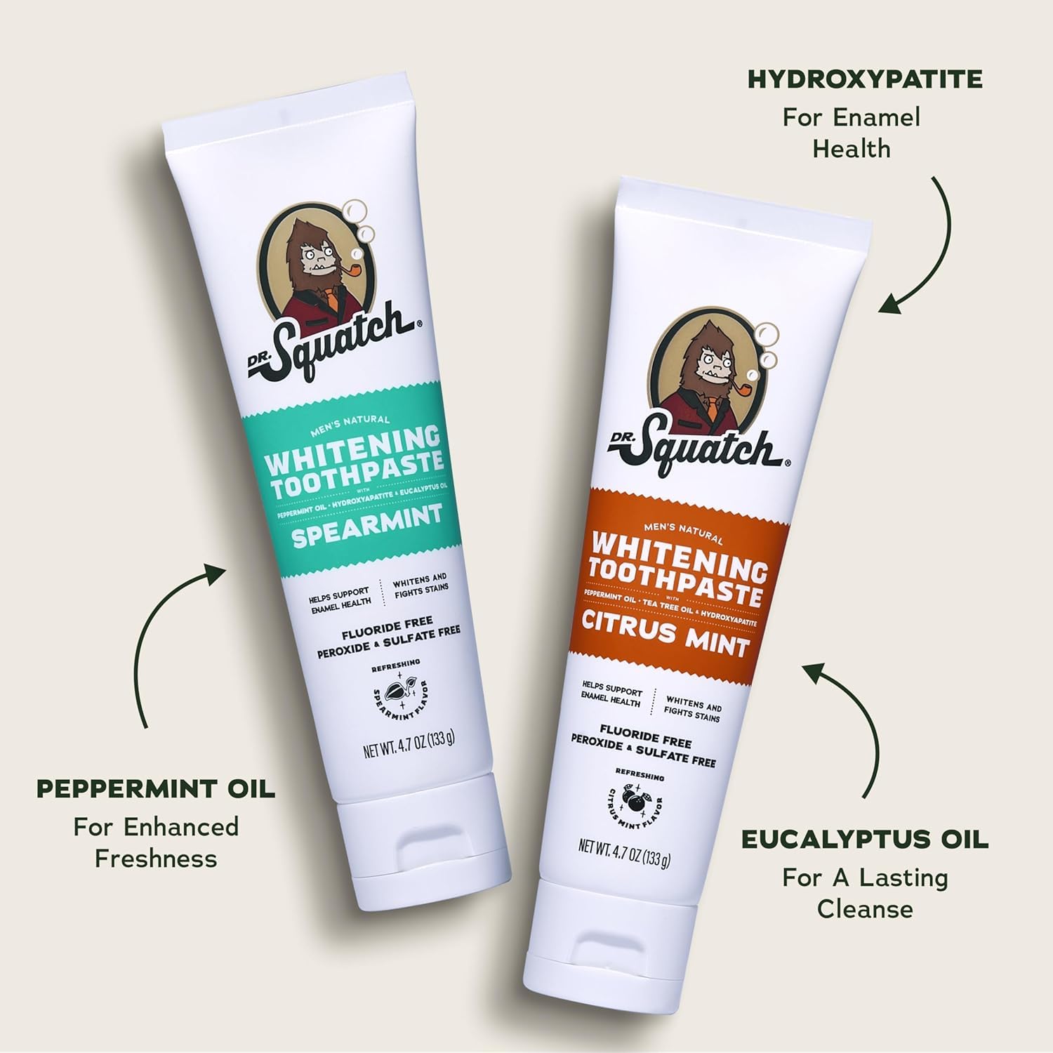 Dr. Squatch Hydroxyapatite Spearmint - tube: arôme mentholé et hygiène bucco-dentaire.