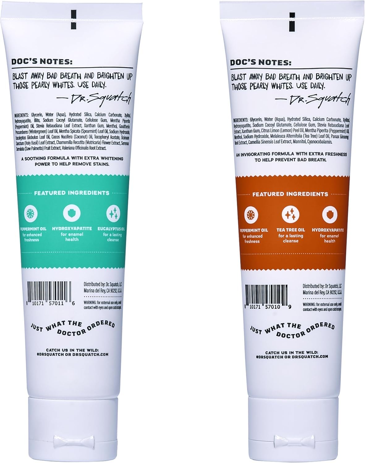 Arômes menthe et hydroxyapatite dans le dentifrice Dr. Squatch pour une sensation naturelle.