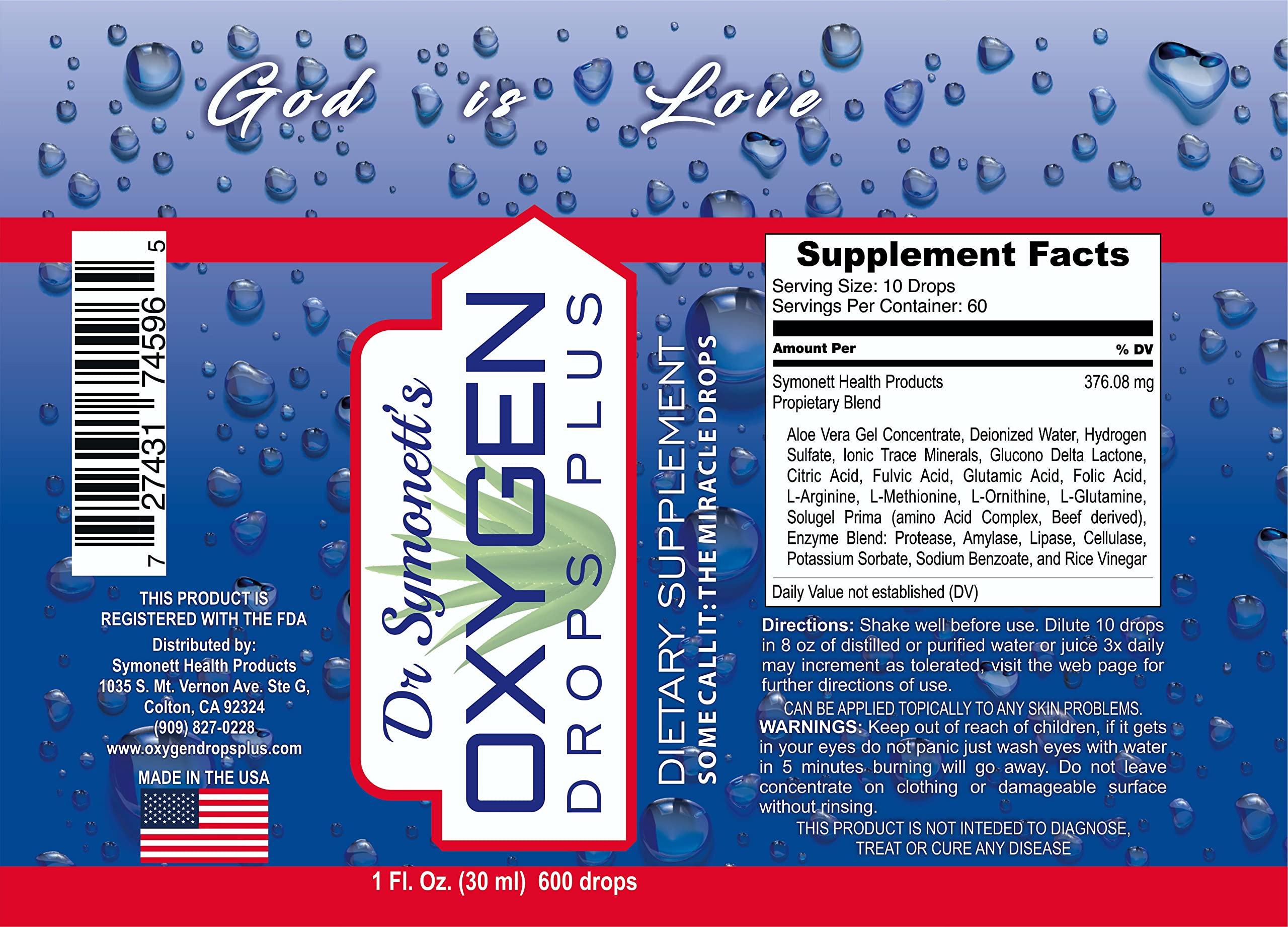 DR. SYMONETT'S OXYGEN DROPS PLUS, emballage compact et pratique à transporter