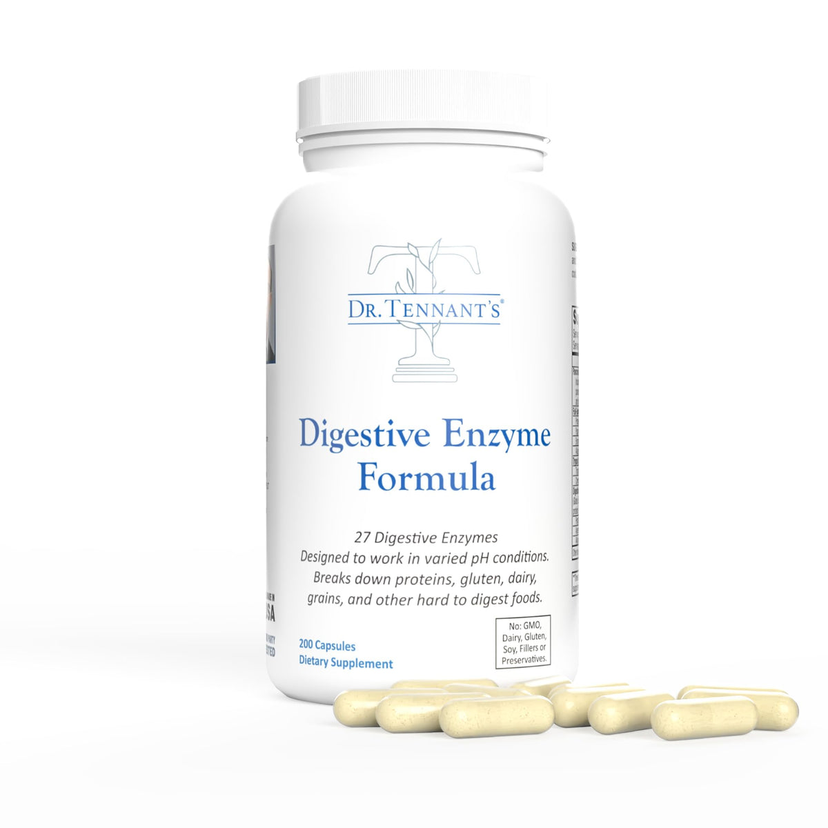 Bouteille Dr. Tennant's enzymes digestives avec capsules pour digestion quotidienne après repas copieux.
