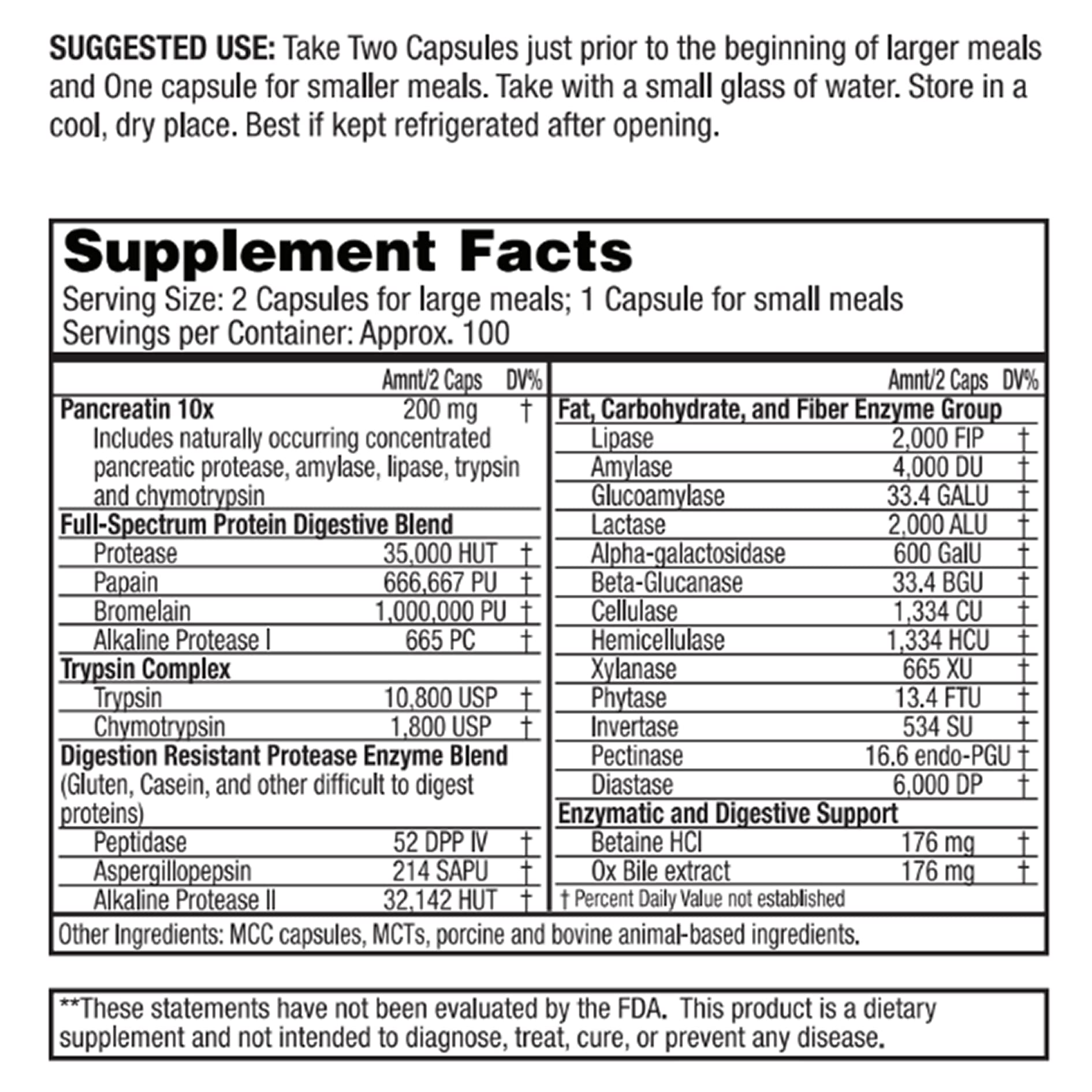 Étiquette claire Dr. Tennant's enzymes digestives montrant la composition et les bénéfices potentiels.
