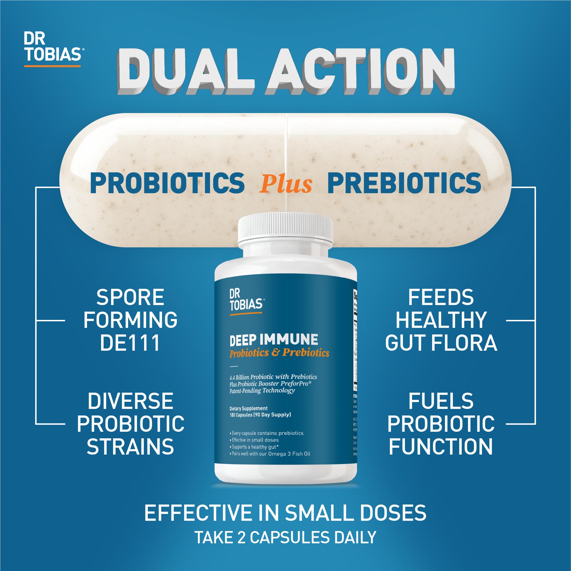 Capsules Dr. Tobias Deep Immune prêtes à l'emploi pour absorption intestinale.