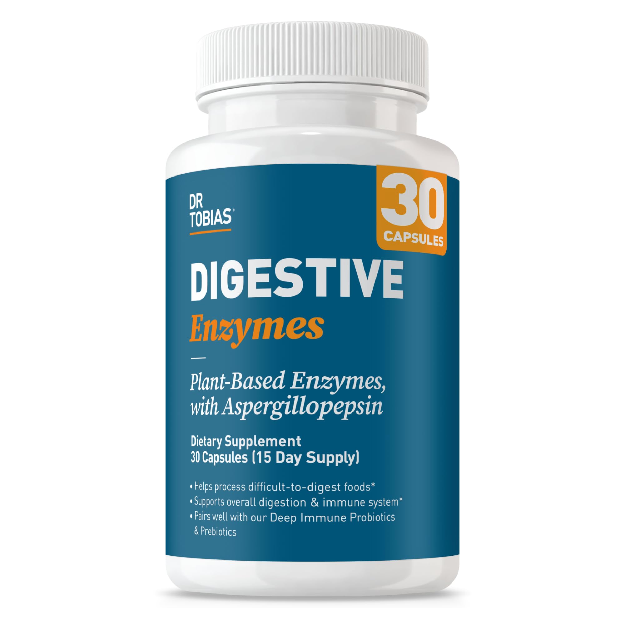 Dr. Tobias flacon d'enzymes digestives avec 18 enzymes pour soutenir la digestion.