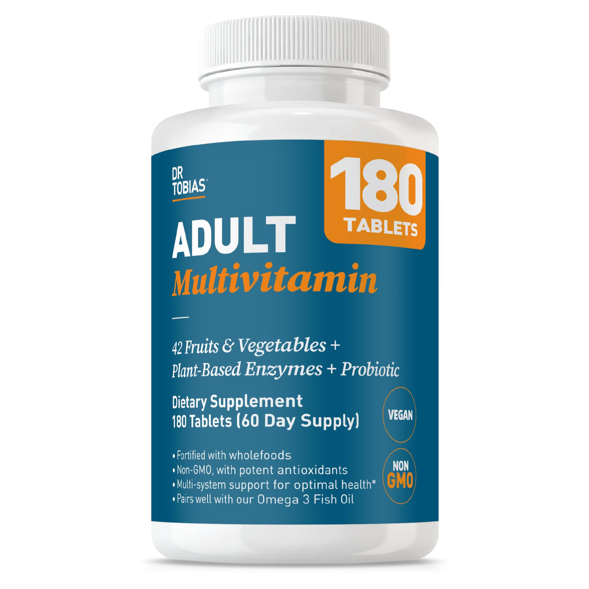 Dr. Tobias Multivitamines en bouteille, source d'énergie et bien-être potentiel.