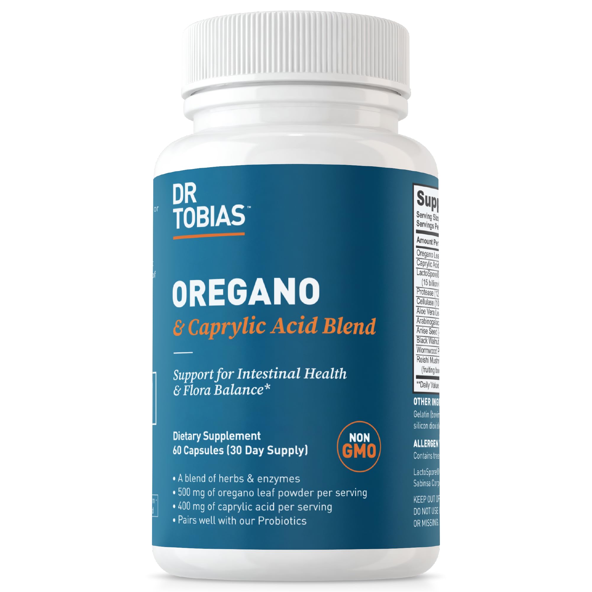 Dr. Tobias Mélange origan-caprylique : bouteille de capsules pour le soutien intestinal.