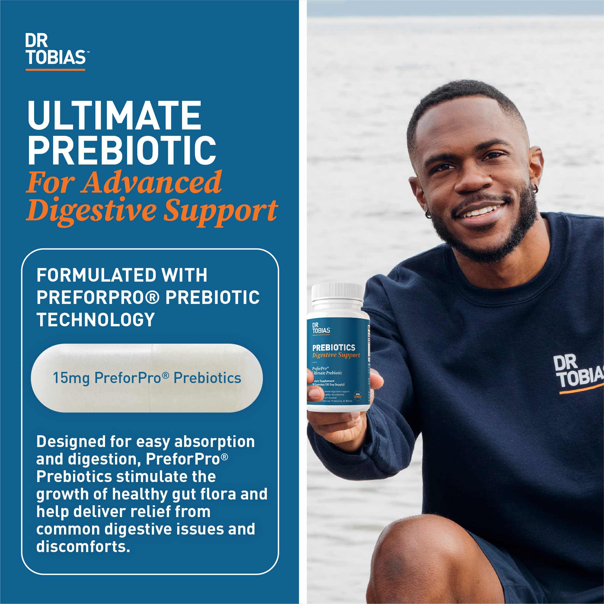 Dr. Tobias Prébiotics, ingrédient PreforPro; favorise une digestion plus fluide.
