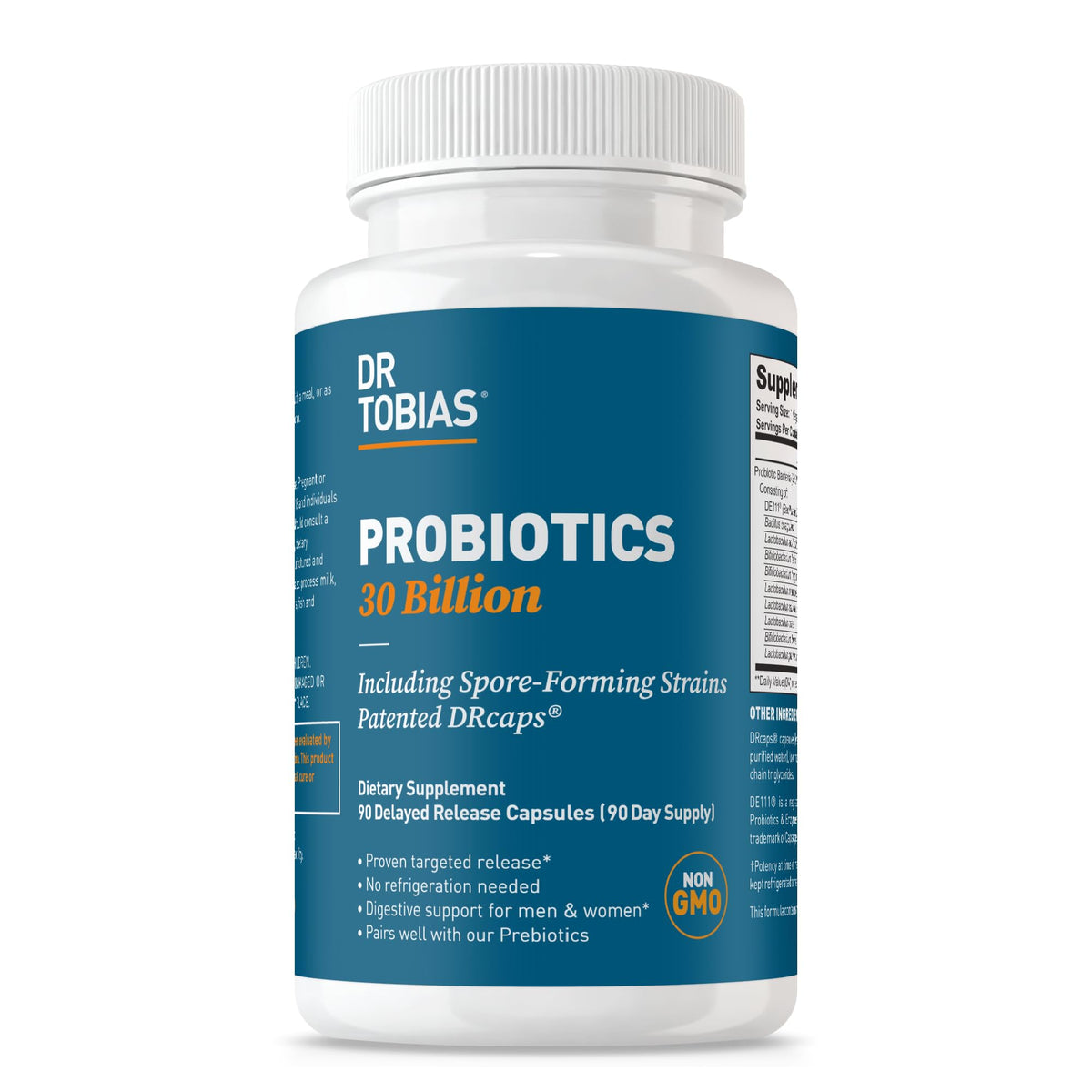 Dr. Tobias Probiotiques 30 milliards – bouteille: soutien digestif durable sans réfrigération.