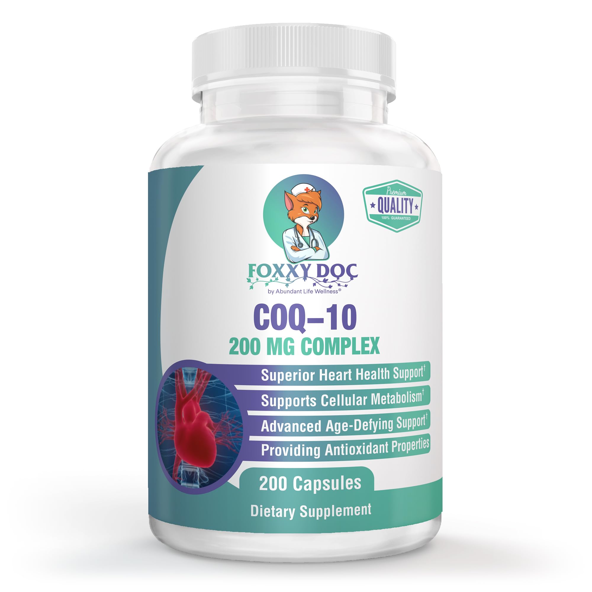 Dr. Valerie Nelson CoQ10, bouteille 200 mg, soutien potentiel pour le cœur et l'énergie.