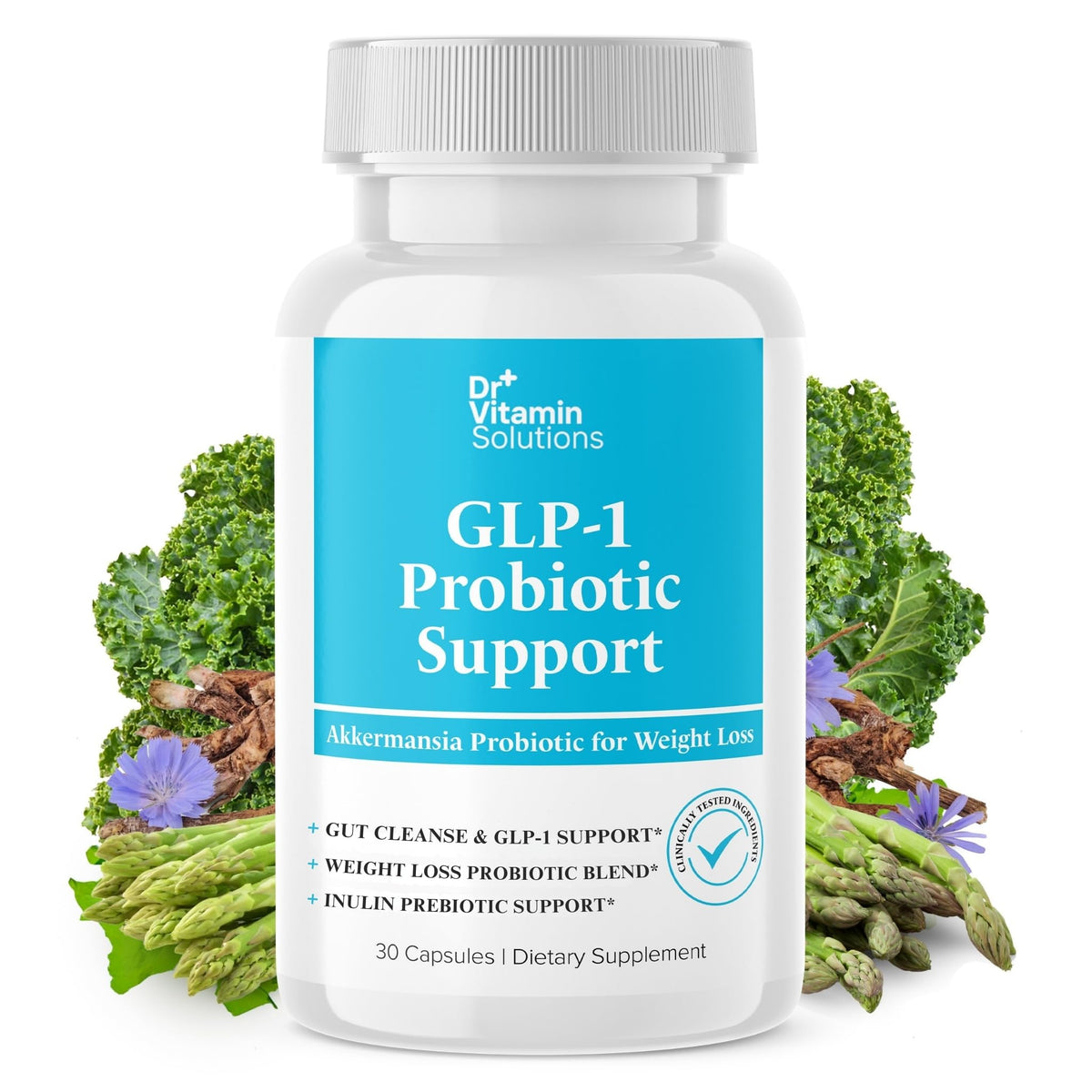 DR VITAMIN SOLUTIONS GLP-1 probiotiques – bouteille montrant la formule et le soutien potentiel à la satiété.