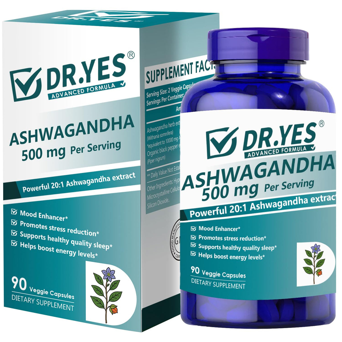 DR YES capsules Ashwagandha 500mg, soutien calmant et gestion du stress.