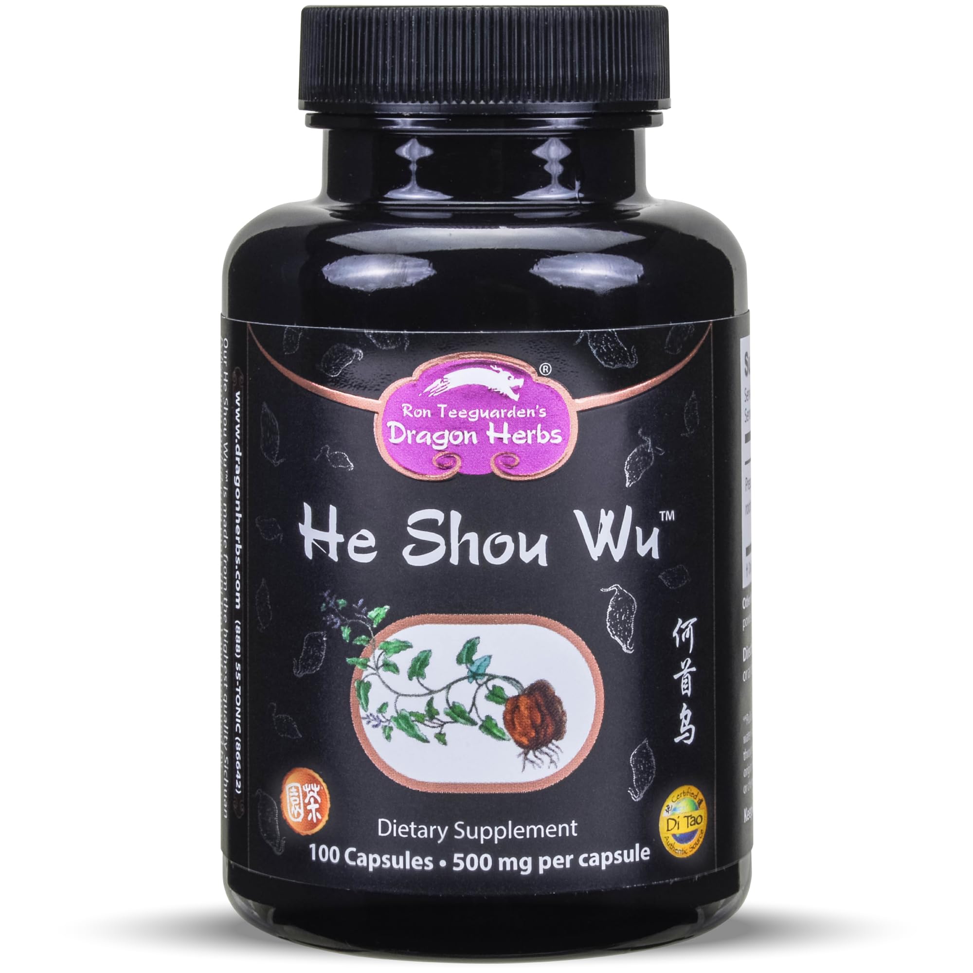 Dragon Herbs He Shou Wu: bouteille 500 mg soutient potentiel d'énergie et de vitalité.