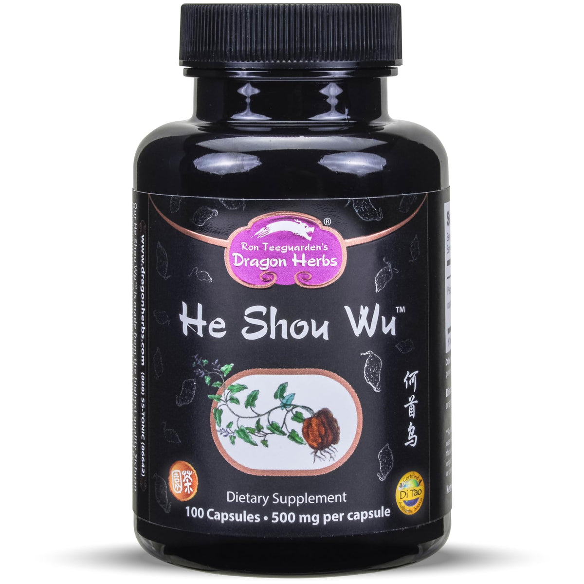 Dragon Herbs He Shou Wu: bouteille 500 mg soutient potentiel d'énergie et de vitalité.