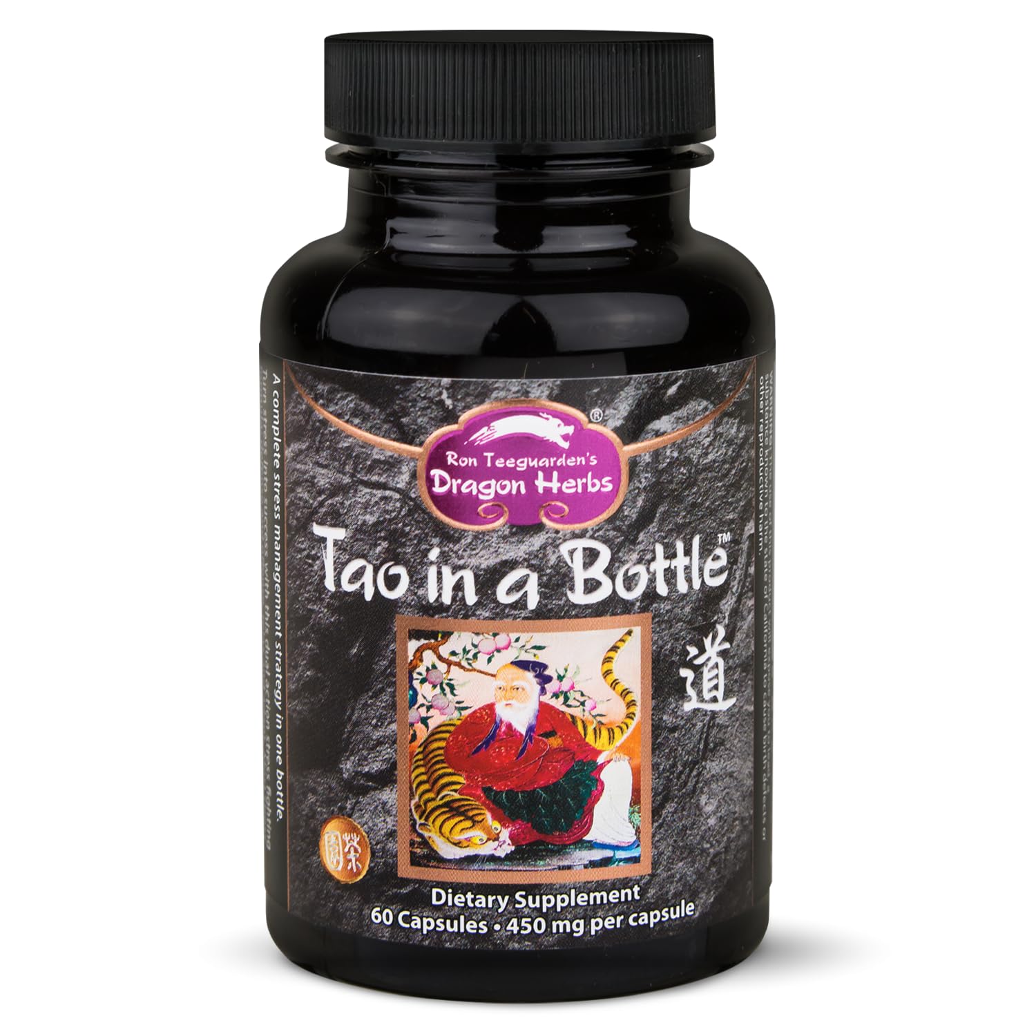 Dragon Herbs Tao dans bouteille, capsules visibles, soutien potentiel au stress et à la concentration.