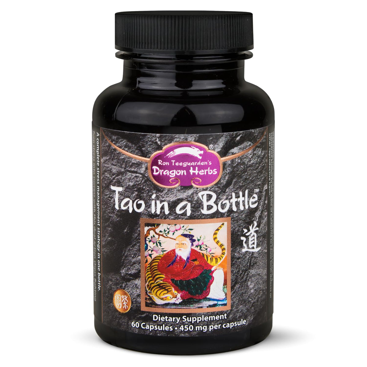 Dragon Herbs Tao dans bouteille, capsules visibles, soutien potentiel au stress et à la concentration.