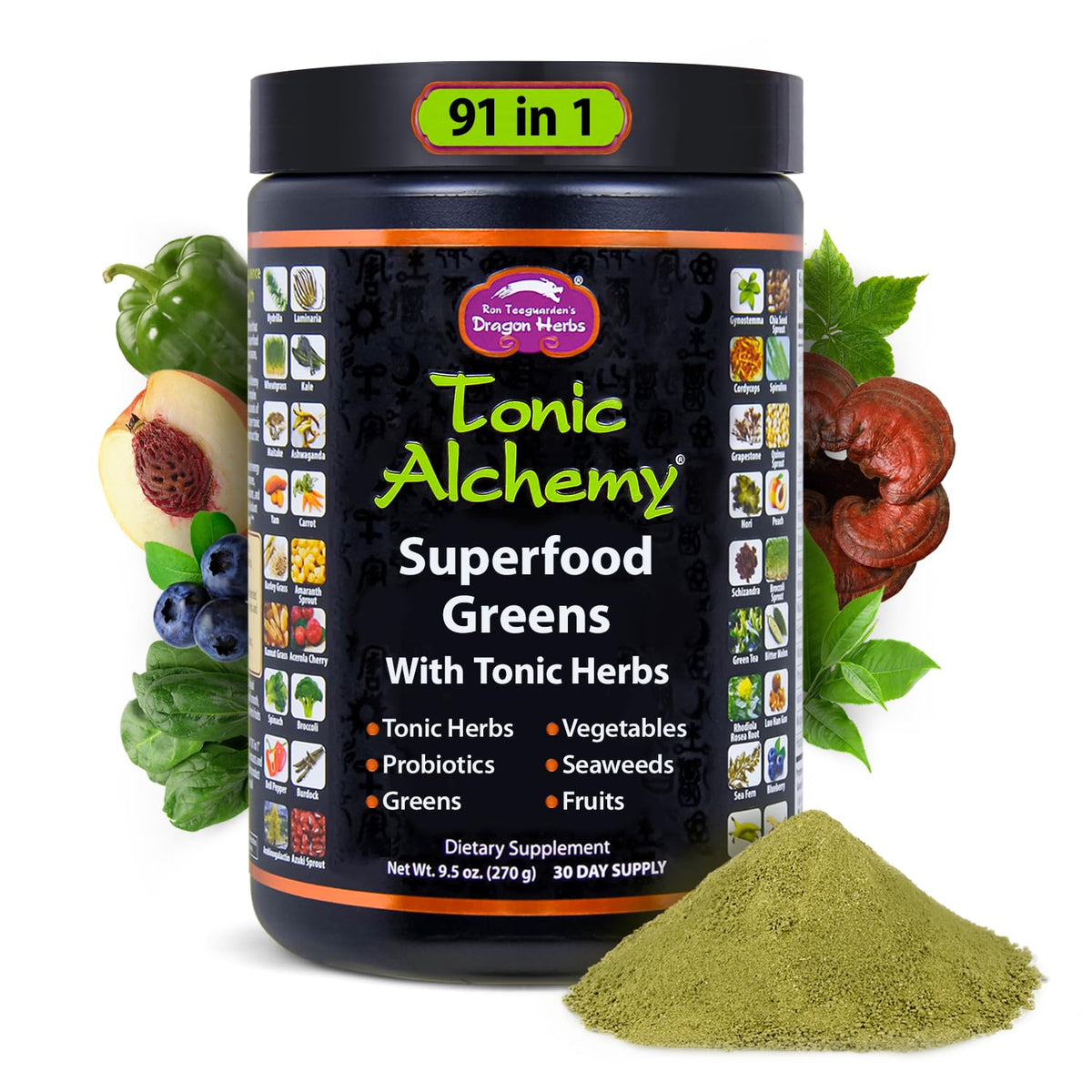Dragon Herbs Tonic Alchemy, bouteille verte prête à soutenir énergie et bien-être quotidien.