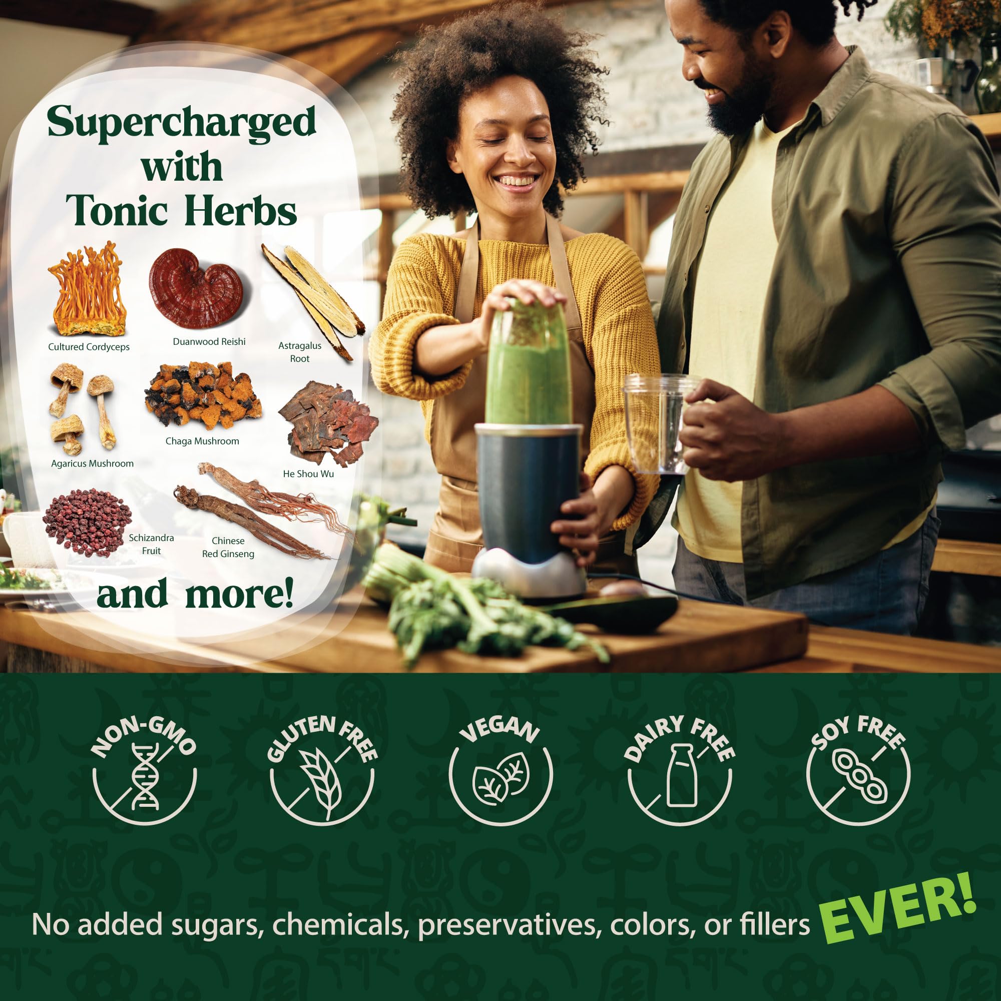 Dragon Herbs Tonic Alchemy mélange ingrédients variés pour énergie et équilibre.