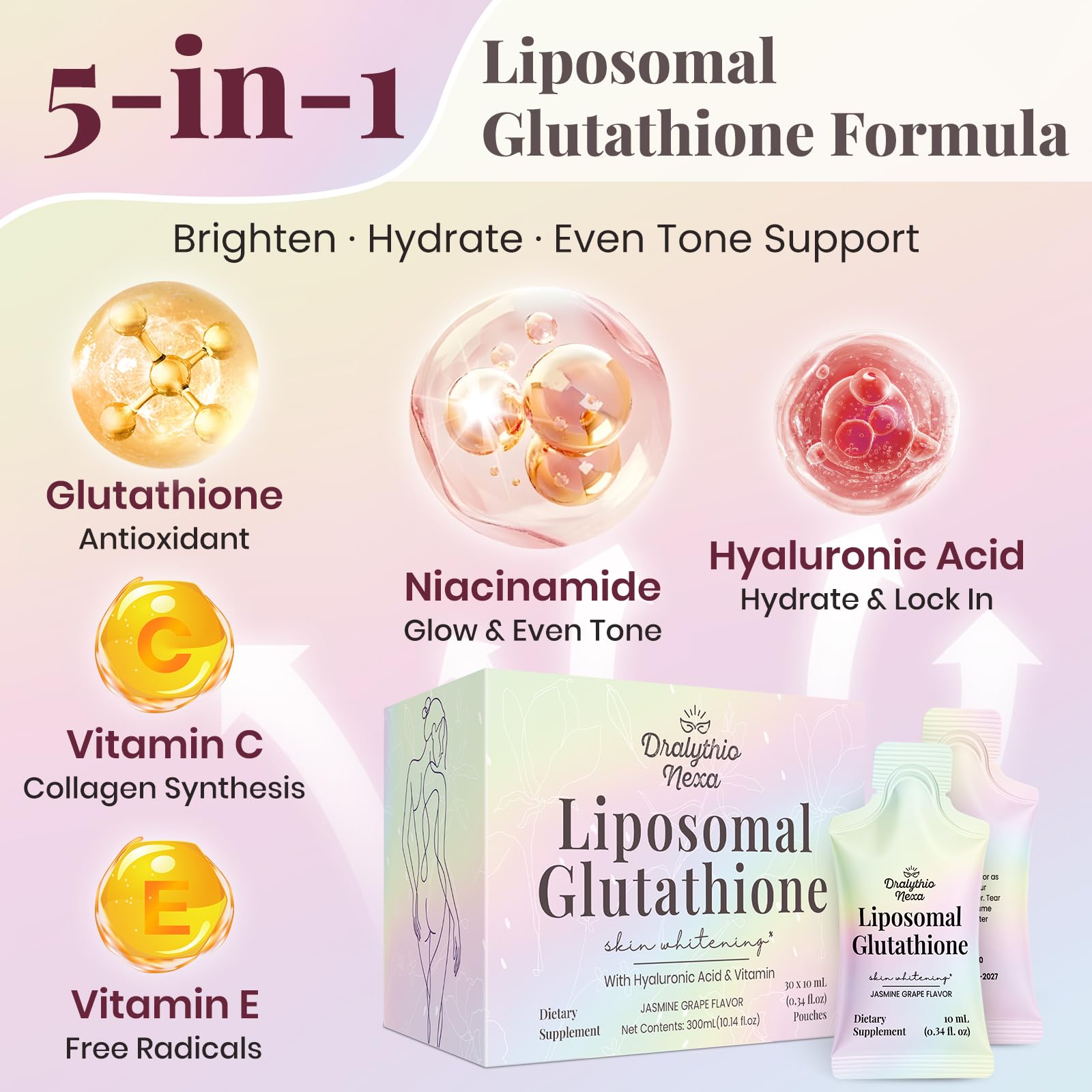 DRALYTHIO NEXA Liposomal Glutathione Liquide, saveur raisin jasmin agréable.