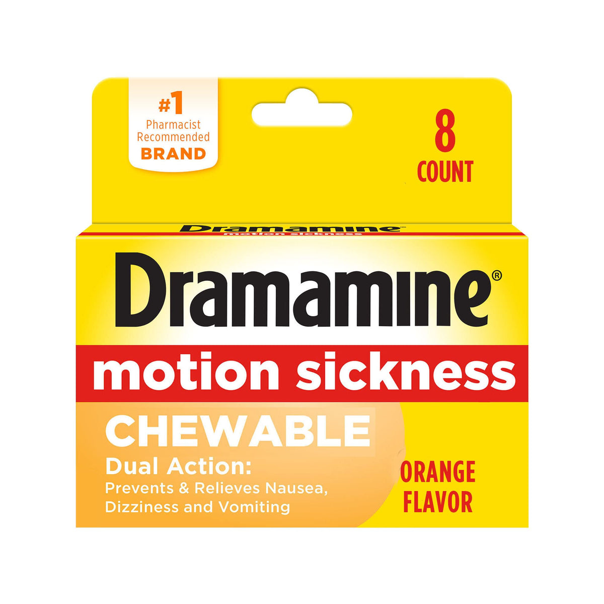 Dramamine, boîte comprimés à mâcher orange, pratique en voyage sans eau.