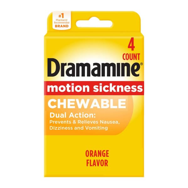 Tablettes à croquer orange Dramamine, goût agréable pour prévenir les nausées en voyage.