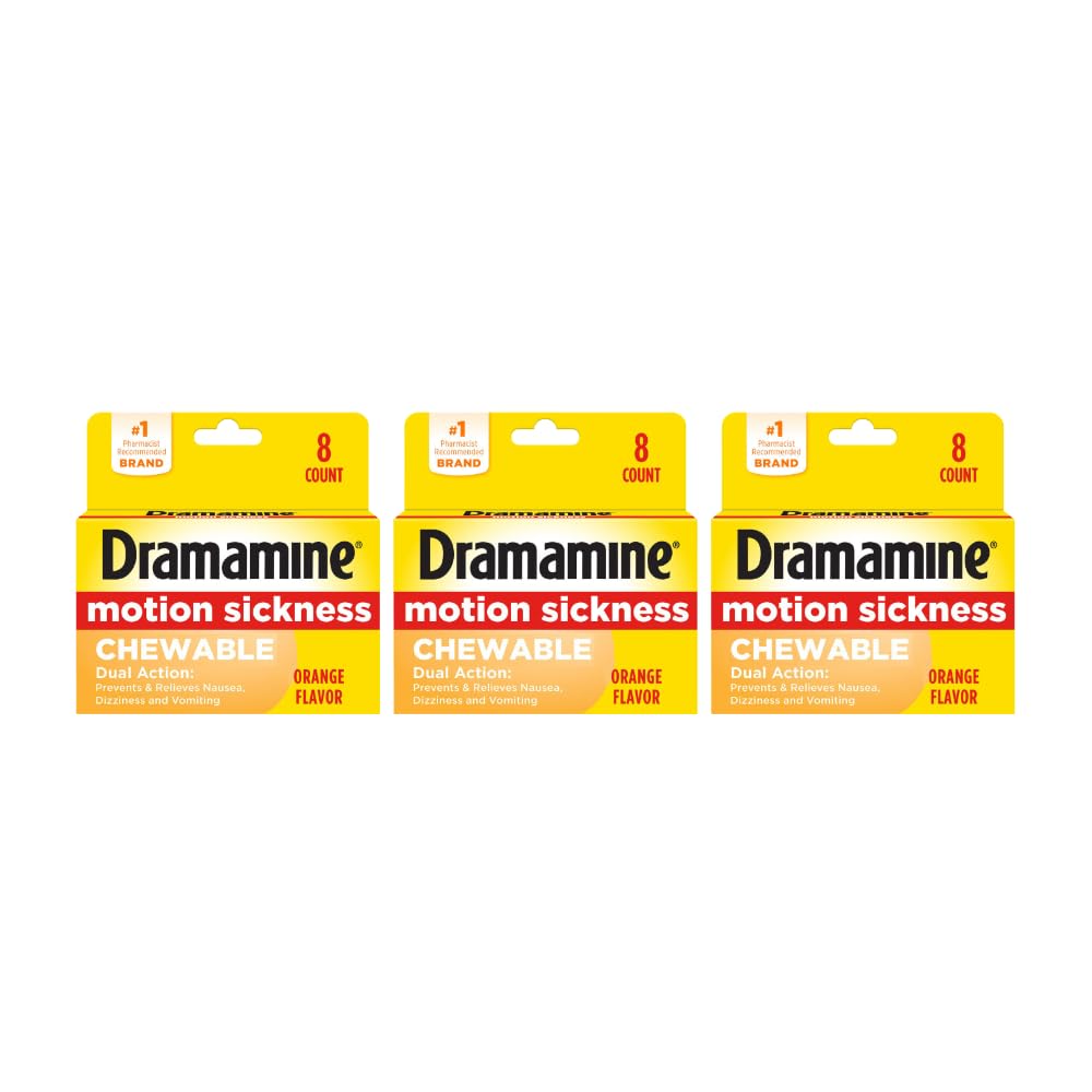 Dramamine, comprimés à mâcher orange, goût agréable pour prévenir les nausées en voyage.