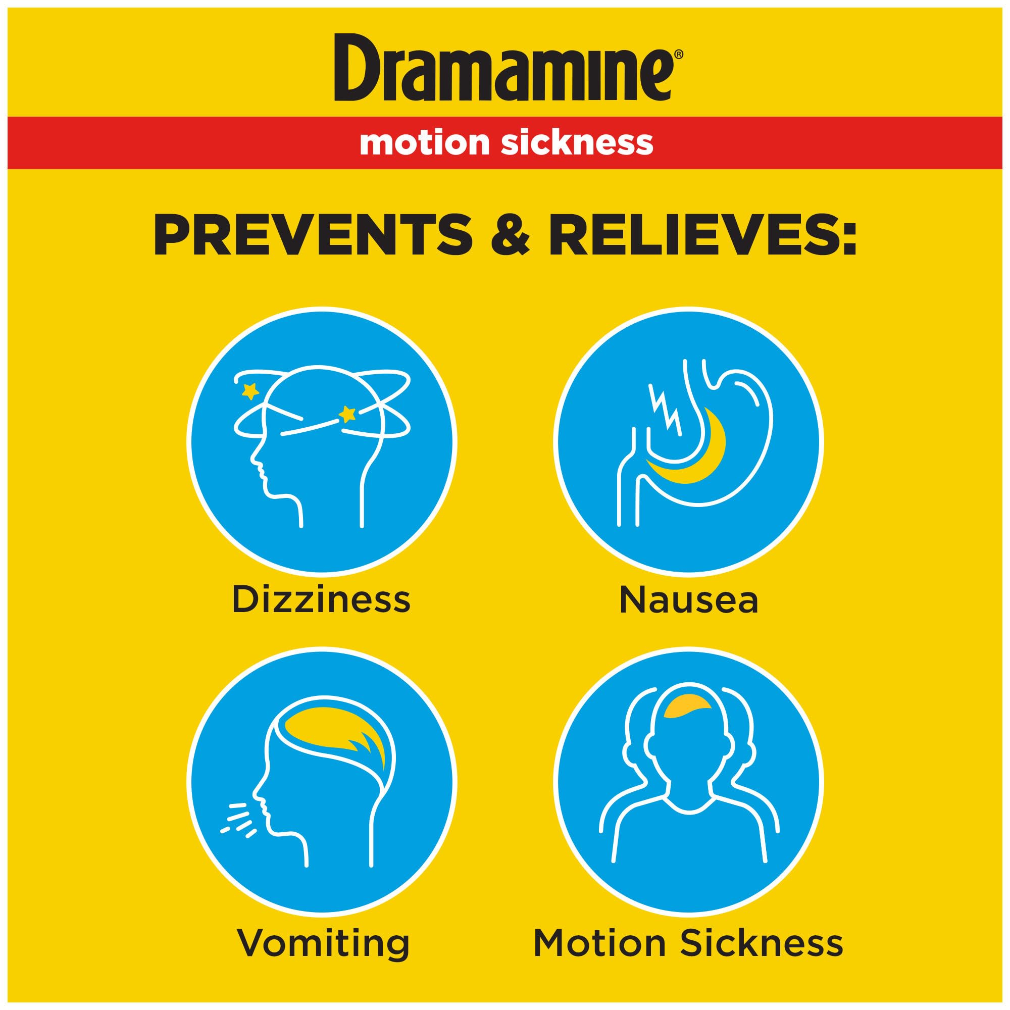 Dramamine – prévention des nausées avec prise recommandée avant départ.