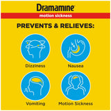 Dramamine – prévention des nausées avec prise recommandée avant départ.