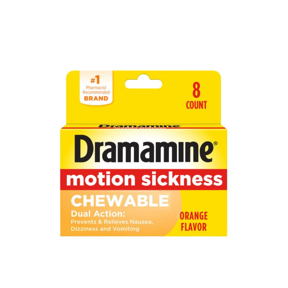 Dramamine emballage orange, 8 comprimés, pratique à emporter lors des déplacements.