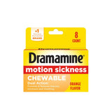 Dramamine emballage orange, 8 comprimés, pratique à emporter lors des déplacements.