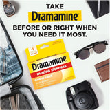 Emballage de Dramamine, paquet de 8 tablettes, pratique pour emporter en voyage.