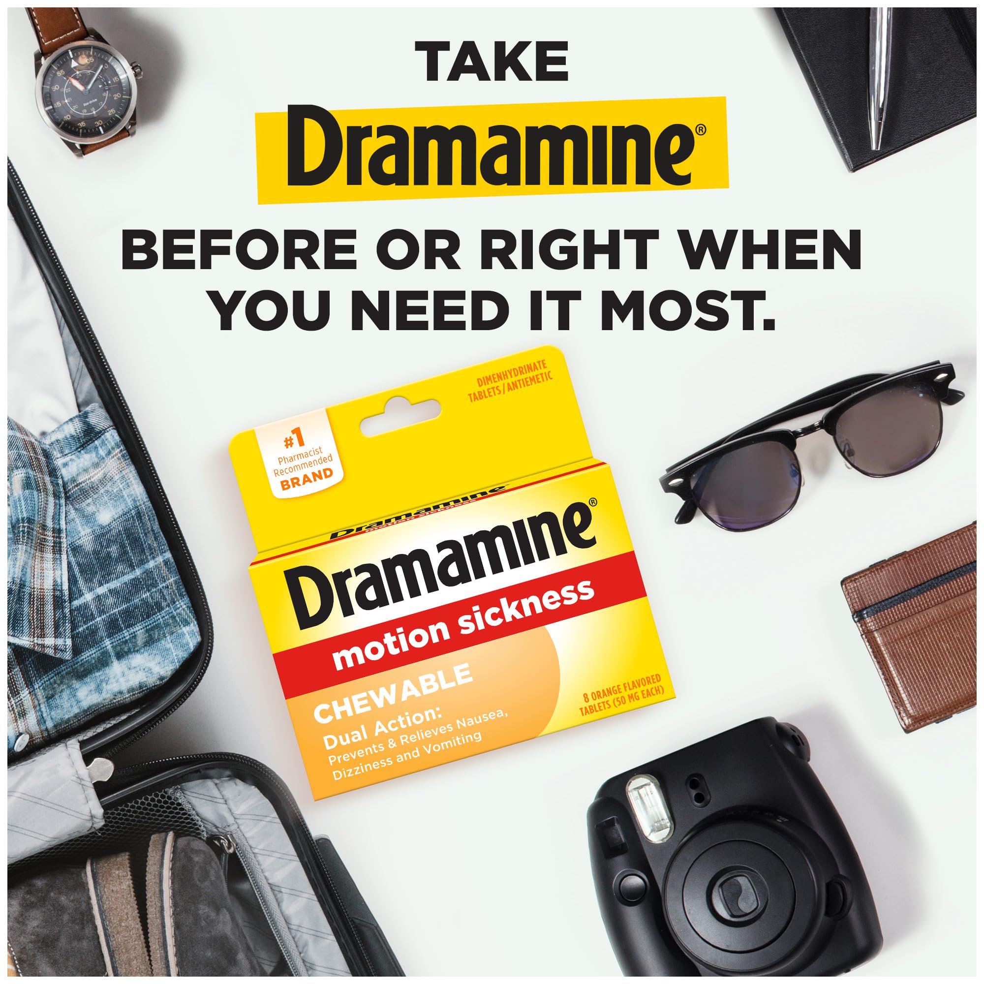 Dramamine emballage voyage compact, idéal dans la trousse médicale.