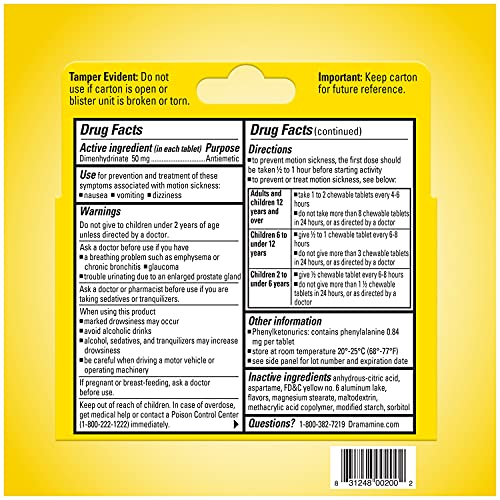 Dramamine étiquette claire et flacon portable, pratique pour la trousse de voyage.