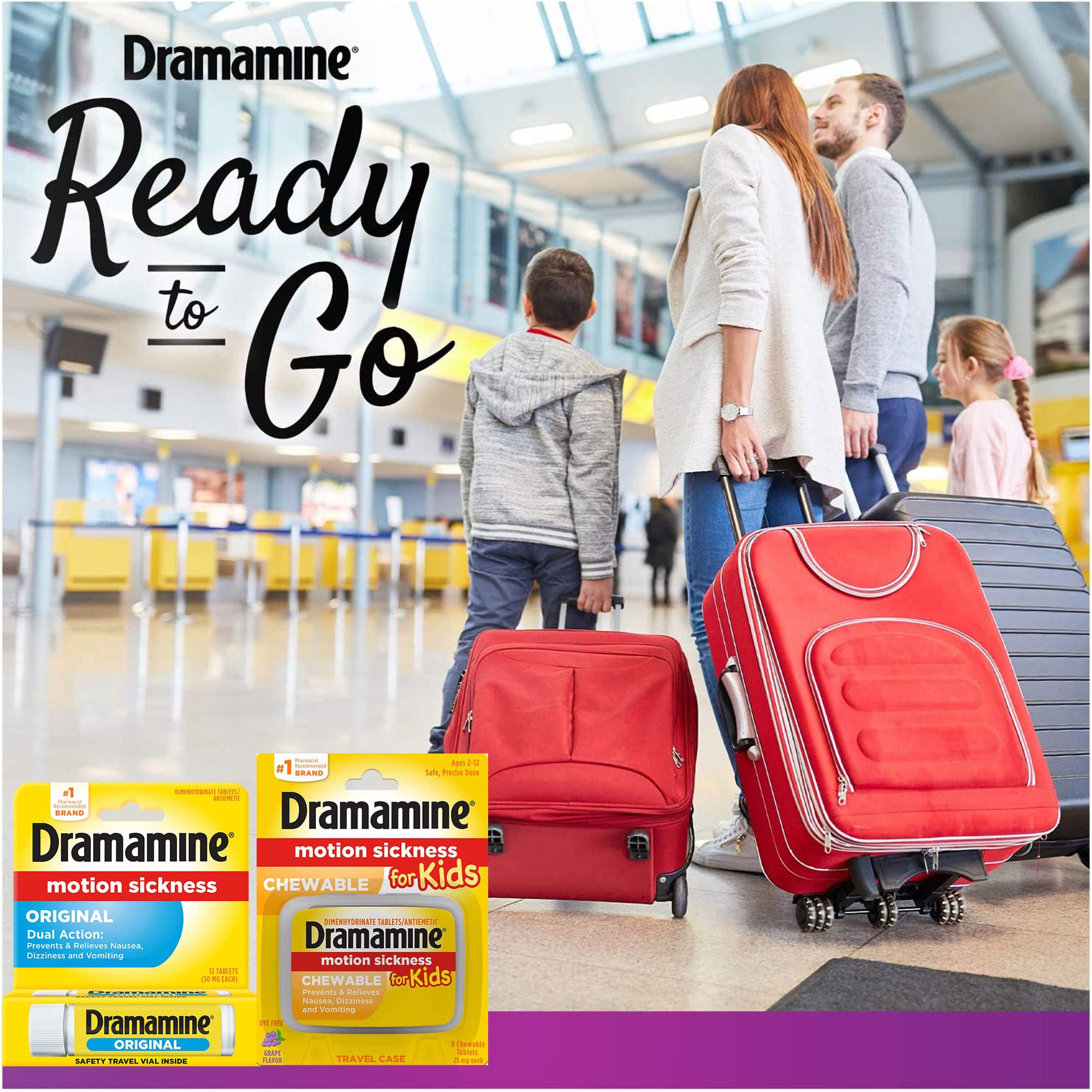 Dramamine Formule Originale – comprimés de voyage en flacon sécurisé.