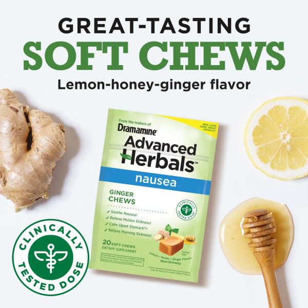 Deux gommes dramamine ginger chews prêtes à être consommées avant le trajet.