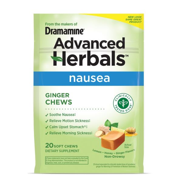 Gommes Dramamine Ginger Chews avec étiquette citron-miel-gingembre, soulagement rapide.