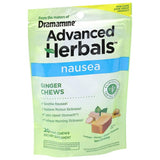 Boîte Dramamine Ginger Chews ouverte montrant des gommes molles et faciles à mâcher.