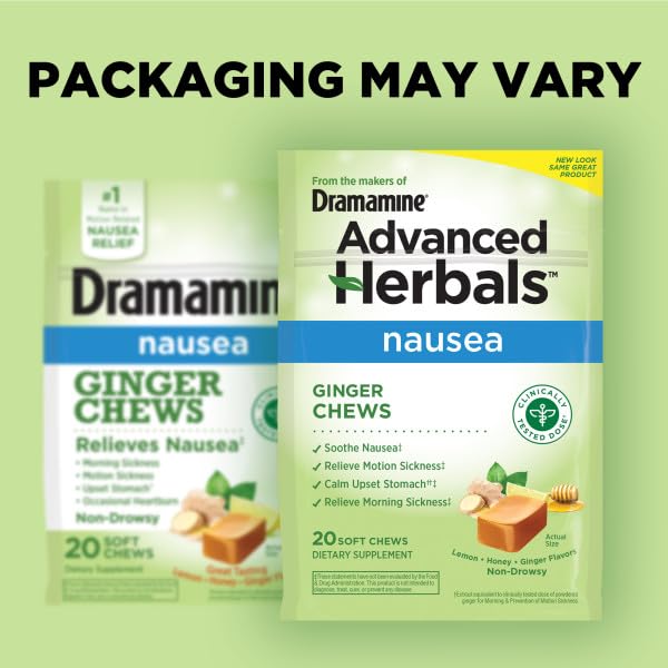 Sachet de voyage Dramamine Ginger Chews pour un usage en déplacement.