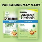 Sachet de voyage Dramamine Ginger Chews pour un usage en déplacement.