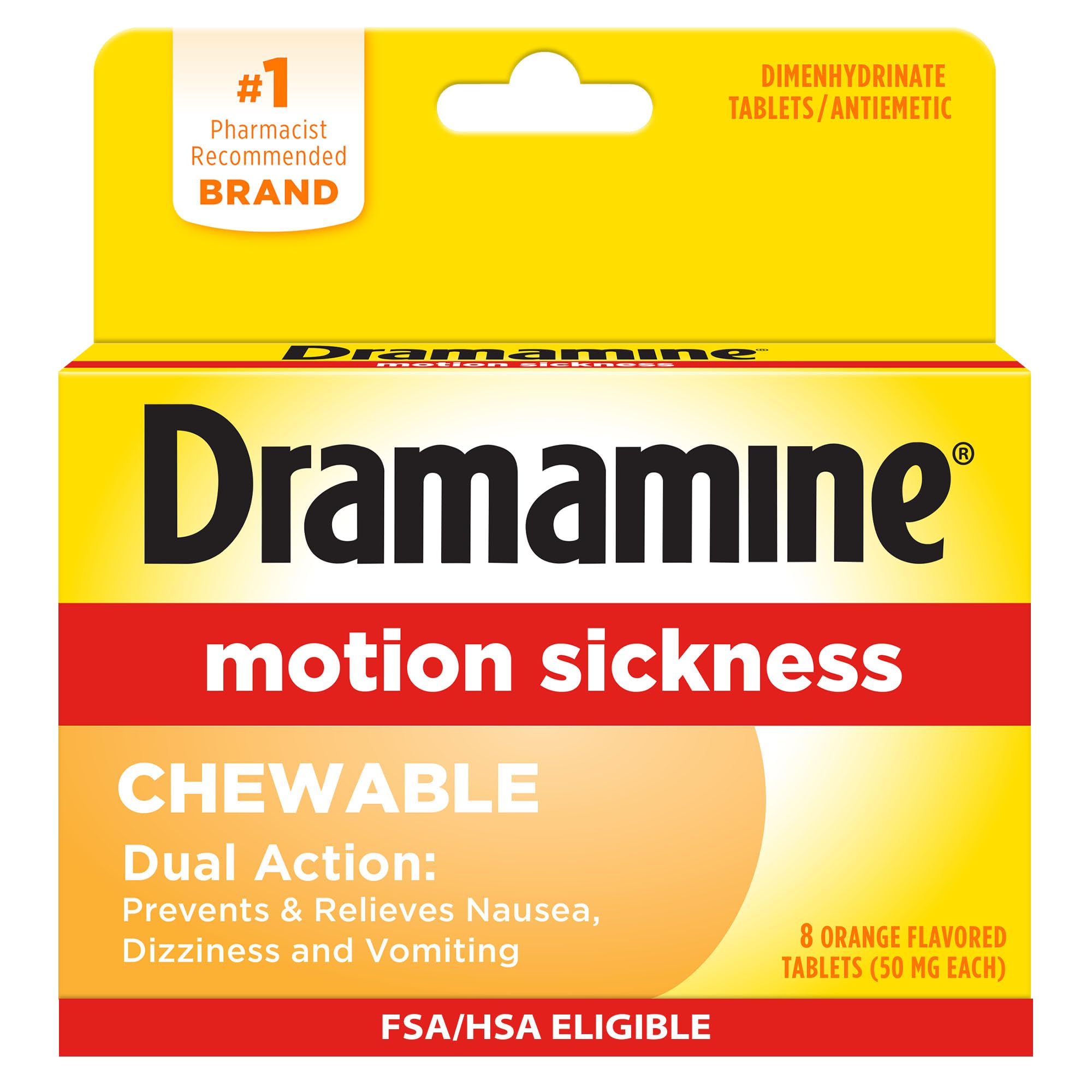 Dramamine mal des transports comprimés à mâcher orange, format pratique pour voyager.
