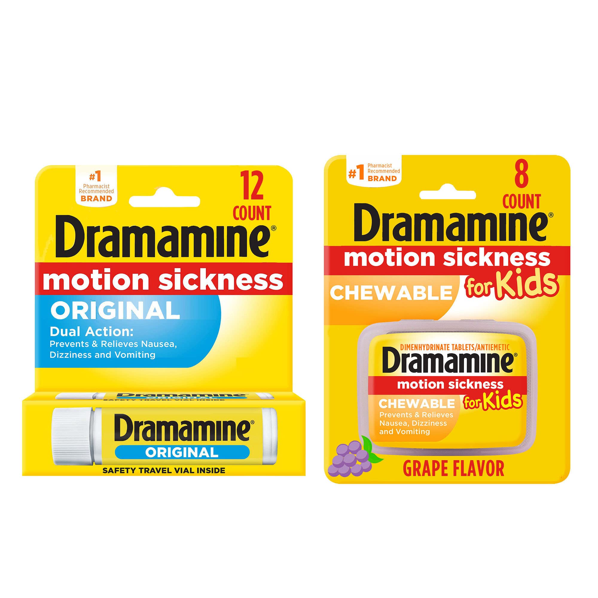 Dramamine Pack Famille – comprimés à mâcher pour enfants dans un étui pratique.