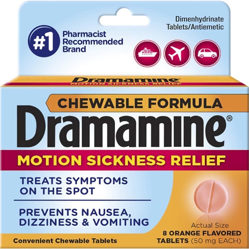 Dramamine, prise portable pour les malaises lors d'activités en plein air.