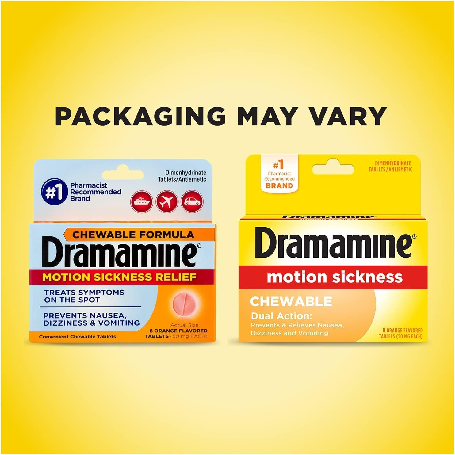 Saveur orange agréable, Dramamine offre un soulagement rapide pendant les déplacements.