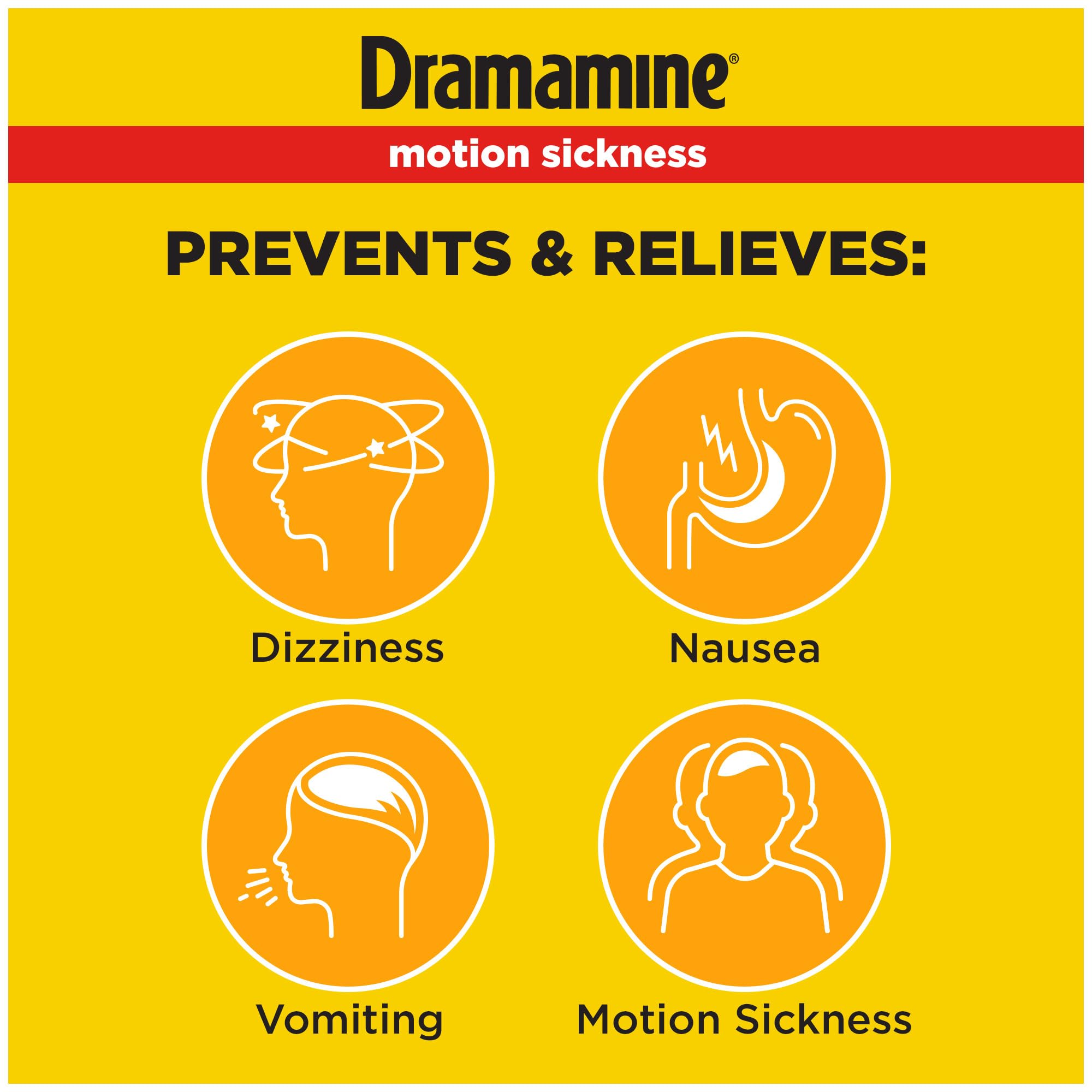 Dramamine comprimés orange à mâcher, soulagement portable lors des déplacements.