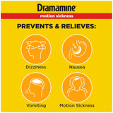 Dramamine comprimés orange à mâcher, soulagement portable lors des déplacements.