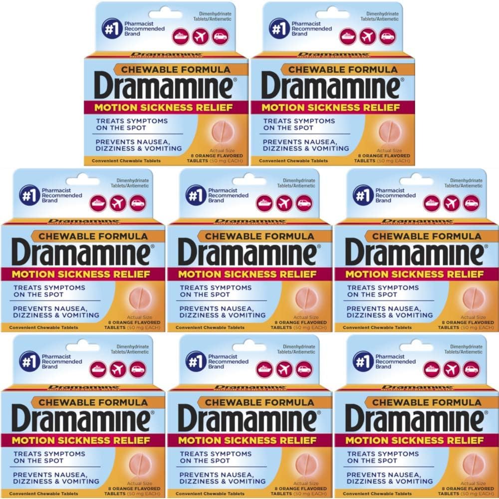 Tablettes Dramamine au goût orange, faciles à mâcher pour prévenir les nausées lors de déplacements.
