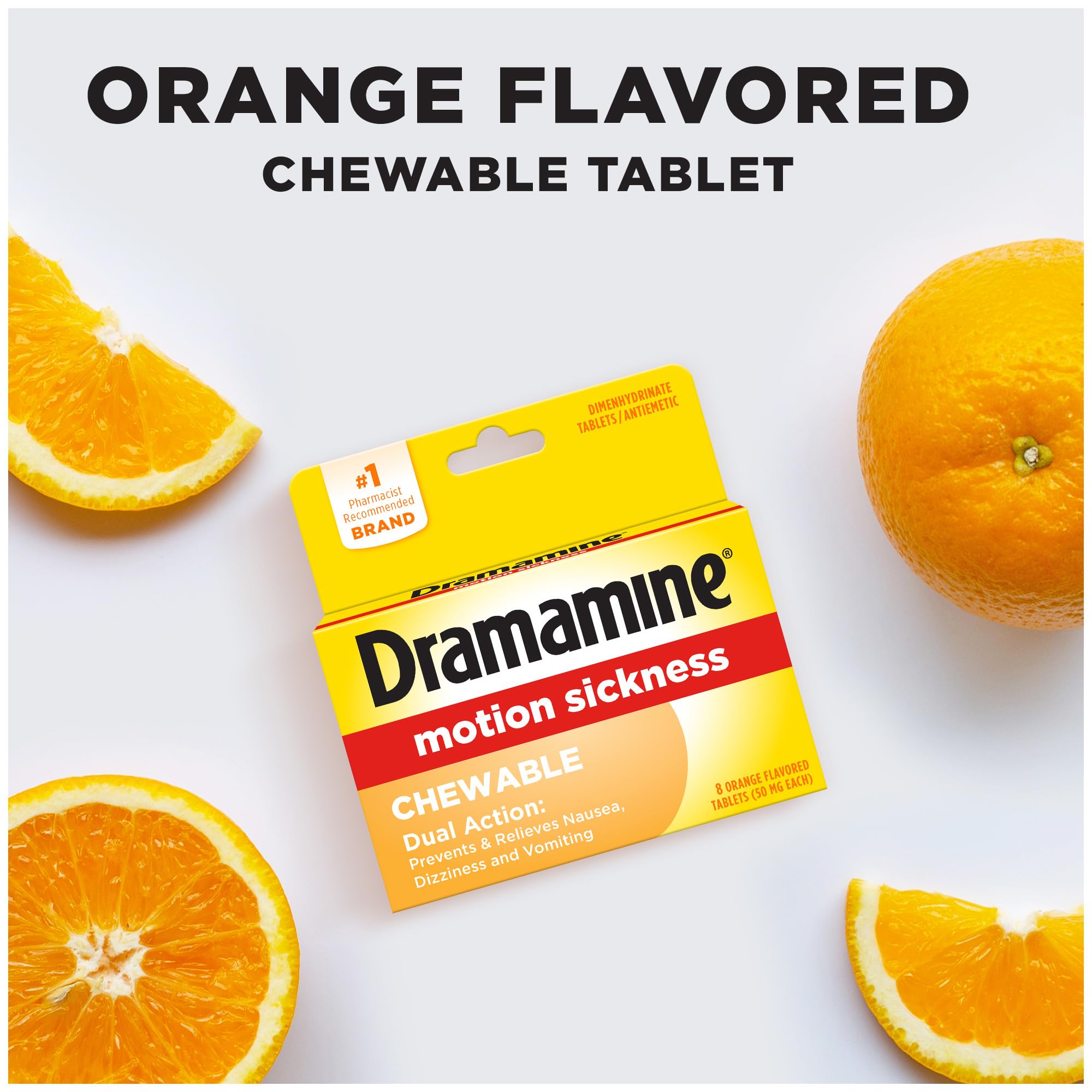 Dramamine tablettes orange, visuel clair pour usage lors du trajet.