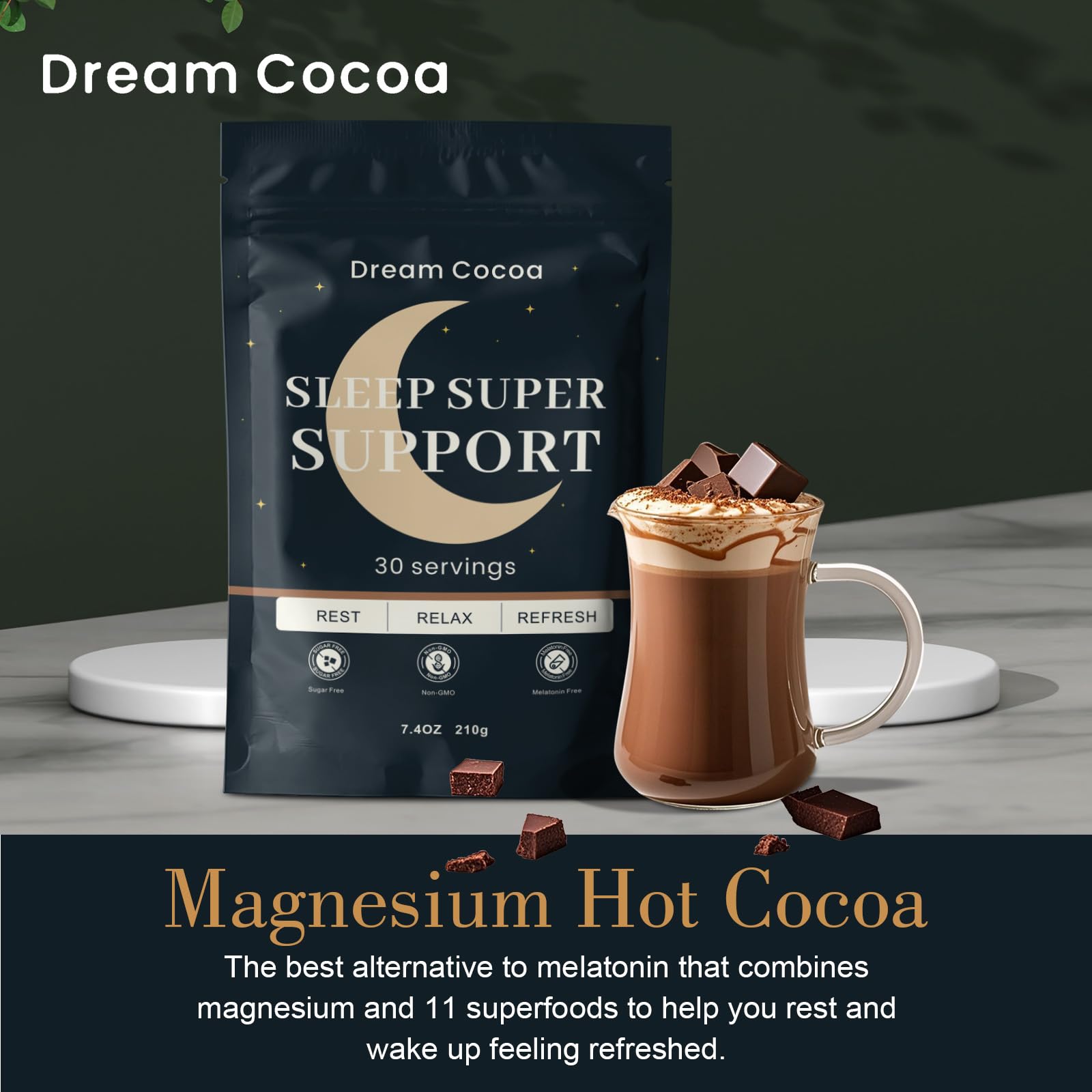 Dream Cocoa sans mélatonine, relaxation naturelle sans effets indésirables.