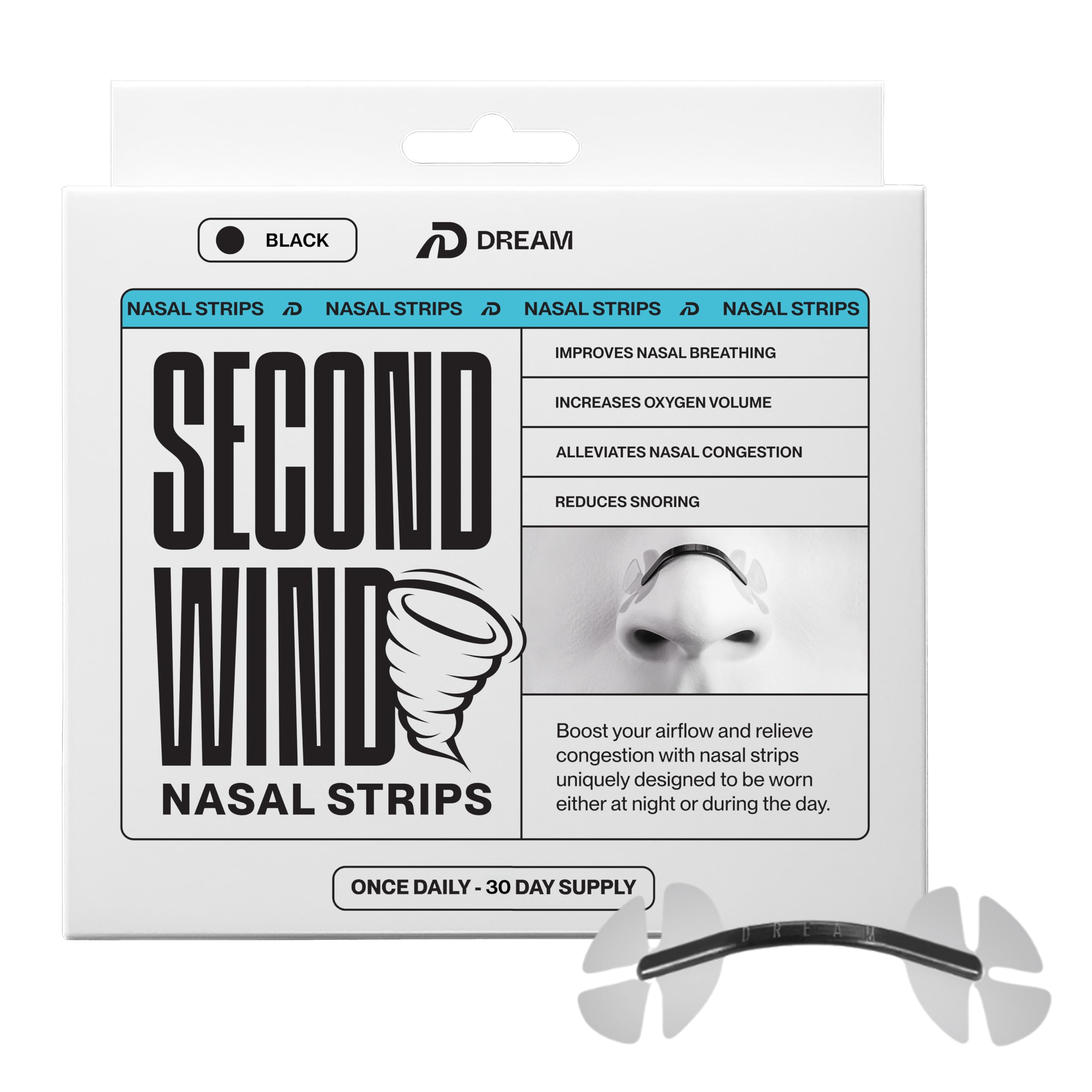 Boîte DREAM RECOVERY Second Wind Bandes nasales prête à l'emploi pour respiration facilitée.